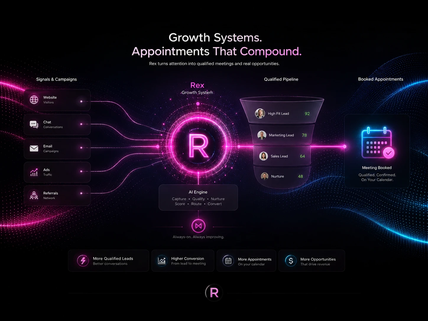 Rex connecting business signals and campaigns to qualified opportunities and booked appointments.
