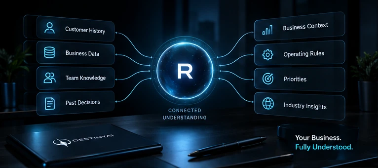 Concept illustration connecting customer history, business data, team knowledge, and past decisions with business context and priorities.