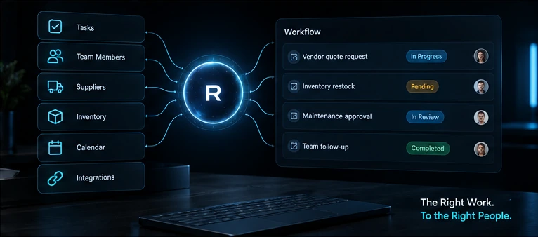 Concept illustration connecting teams, suppliers, inventory, calendars, and tasks to an organized workflow.
