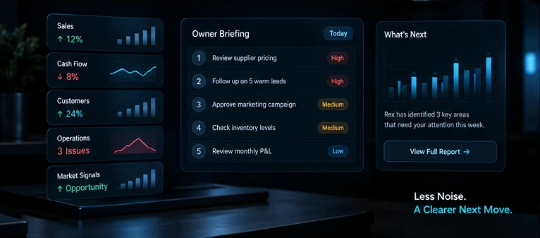 Concept owner briefing comparing sales, cash flow, customer needs, operations, and market signals to identify next actions.